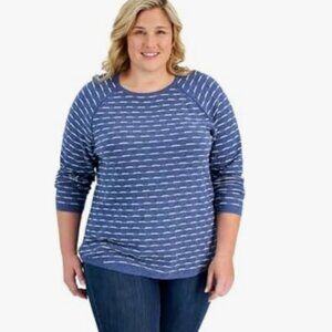 New Karen Scott XXL Blue White Cotton Crew Neck Textured Raglan Sleeve Sweater